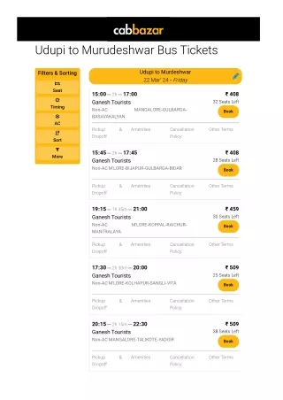 Udupi to Murudeshwar Bus Price | Udupi to Murudeshwar Bus Ticket