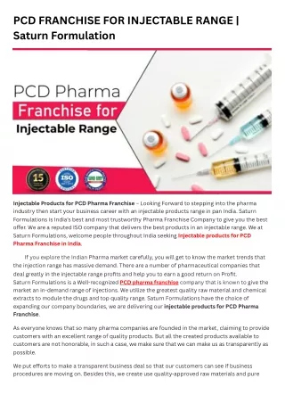 PCD FRANCHISE FOR INJECTABLE RANGE | Saturn formulation