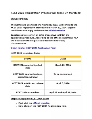 KCET 2024 Registration Process Will Close On March 20