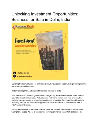 Unlocking Investment Opportunities: Business for Sale in Delhi, India