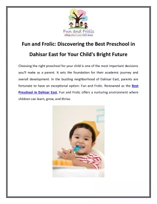 Fun and Frolic Discovering the Best Preschool in Dahisar East for Your Child's Bright Future