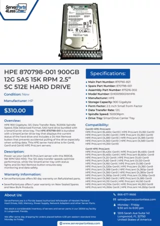 New HPE 870798-001 900GB 12G SAS 15k RPM 2.5” SC 512E Hard Drive