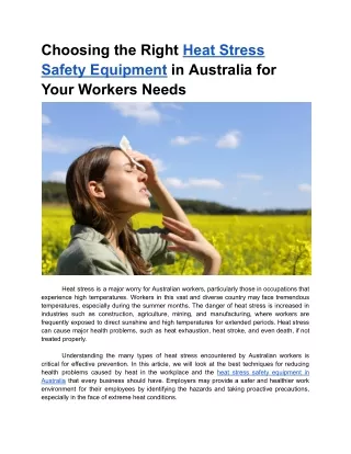 Mar. 22, 2024 - Choosing the Right Heat Stress Safety Equipment in Australia for Your Workers Needs