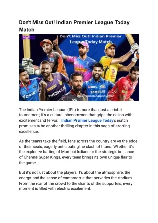 Don't Miss Out! Indian Premier League Today Match