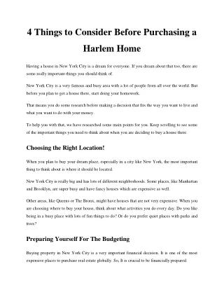 4 Things to Consider Before Purchasing a Harlem Home