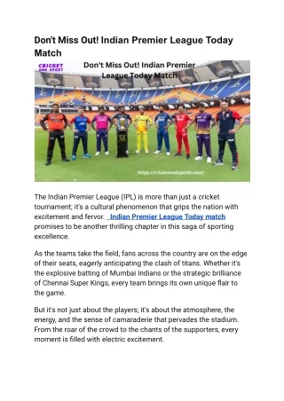 Don't Miss Out! Indian Premier League Today Match