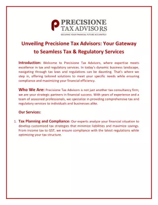 Unveiling Precisione Tax Advisors Your Gateway to Seamless Tax & Regulatory Services