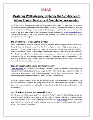 Mastering Well Integrity Exploring the Significance of Inflow Control Devices and Completion Accessories