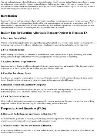 Insider Tips for Securing Affordable Housing Options in Houston TX