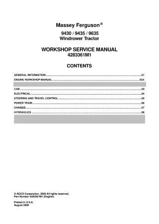 Massey Ferguson 9430 Windrower Tractor Service Repair Manual