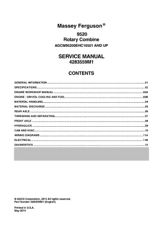 Massey Ferguson 9520 Rotary Combine Service Repair Manual (SN AGCM95200EHC16501 and up)