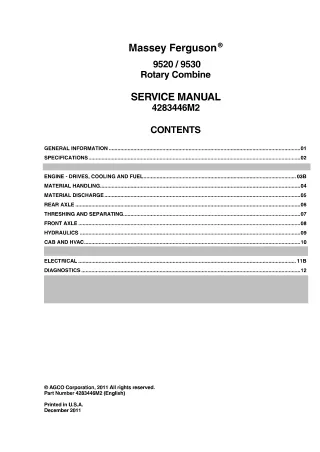 Massey Ferguson 9520 Rotary Combine Service Repair Manual