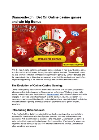 Diamondexch _ Bet On Online casino games and win big Bonus