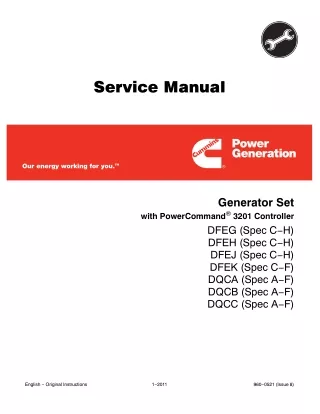 Cummins Onan DFEJ Generator Set with Power Command 3201 Controller Service Repair Manual