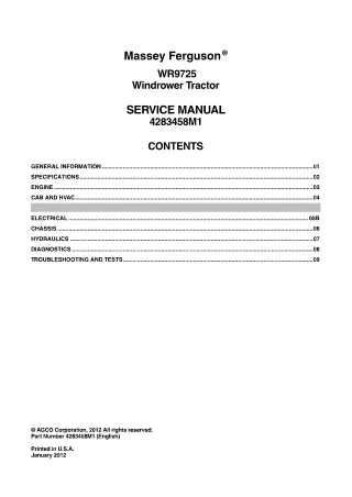 Massey Ferguson WR9725 Windrower Tractor Service Repair Manual