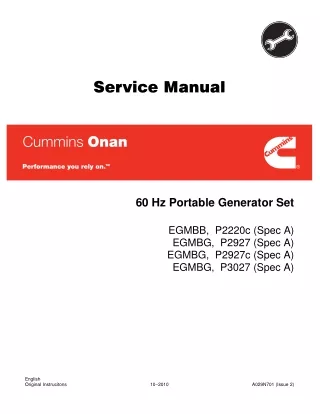 Cummins Onan EGMBG P2927 60 Hz Portable Generator Set Service Repair Manual