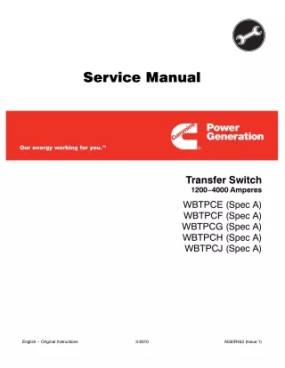 CUMMINS ONAN WBTPCG POWER GENERATION TRANSFER SWITCH 1200-4000 AMPERES Service Repair Manual