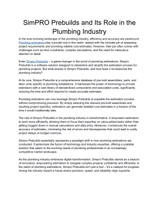 SimPRO Prebuilds and Its Role in the Plumbing Industry