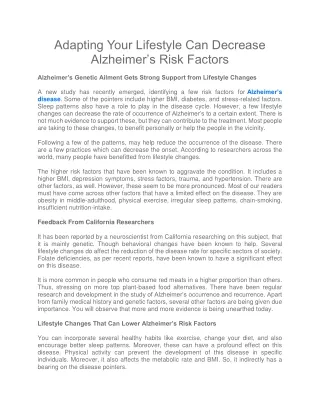 Adapting Your Lifestyle Can Decrease  Alzheimer’s Risk Factors