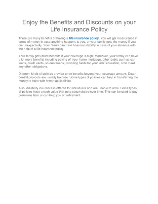 Enjoy the Benefits and Discounts on your Life Insurance Policy