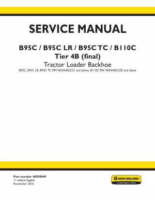 New Holland B95C Two-Wheel Drive (2WD) Tier 4B (Final) Tractor Loader Backohe Service Repair Manual