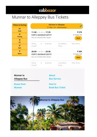 Munnar to Alleppey Bus Price | Munnar to Alleppey Bus Ticket