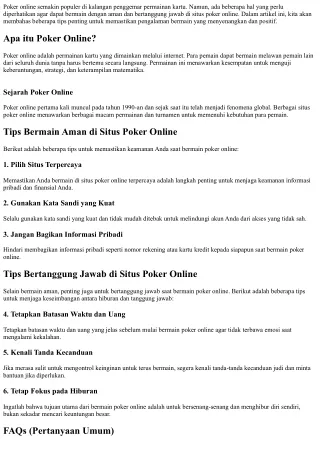 Tips Bermain Aman dan Bertanggung Jawab di Situs Poker Online