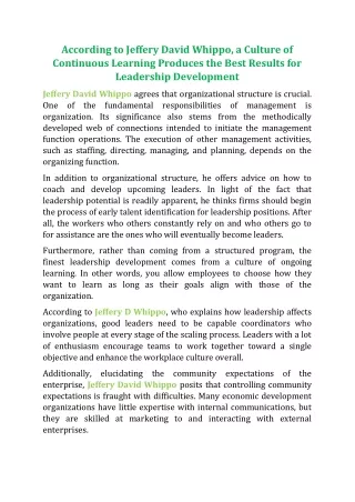 According to Jeffery David Whippo, a Culture of Continuous Learning Produces the Best Results for Leadership Development