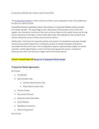 IV Equipment Market Size, Analysis and Forecast 2031