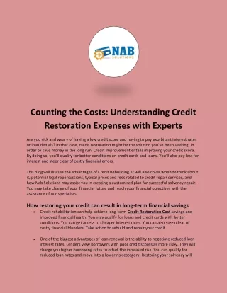Counting the Costs: Understanding Credit Restoration Expenses with Experts