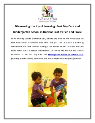 Discovering the Joy of Learning Best Day Care and Kindergarten School in Dahisar East by Fun and Frolic