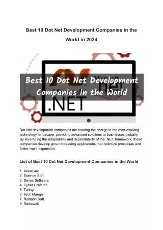 Best 10 Dot Net Development Companies in the World in 2024