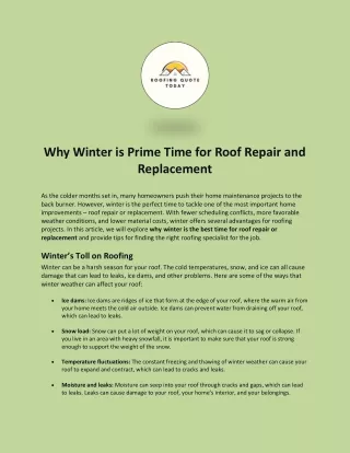 Why Winter is Prime Time for Roof Repair and Replacement