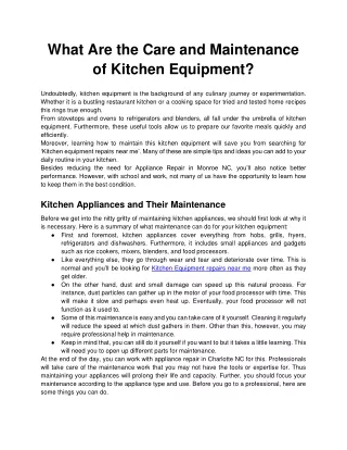 What Are the Care and Maintenance of Kitchen Equipment