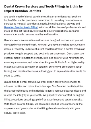 Dental Crown Services and Tooth Fillings in Lithia by Expert Brandon Dentists