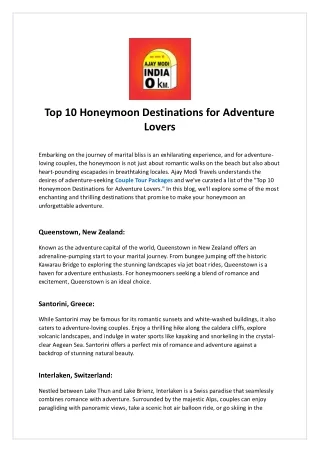 Top 10 Honeymoon Destinations for Adventure Lovers