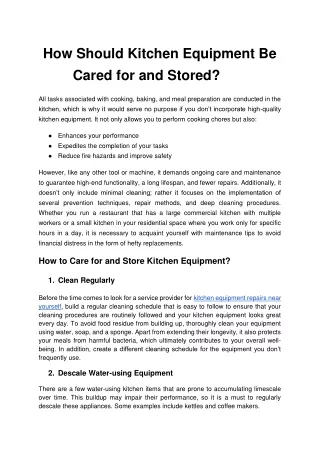 How Should Kitchen Equipment be Cared for and Stored