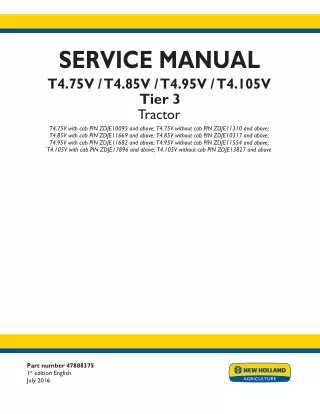 New Holland T4.75V with cab Tier 3 Tractor Service Repair Manual PIN ZDJE10095 and above