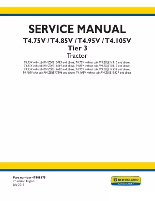 New Holland T4.95V with cab Tier 3 Tractor Service Repair Manual PIN ZDJE11682 and above