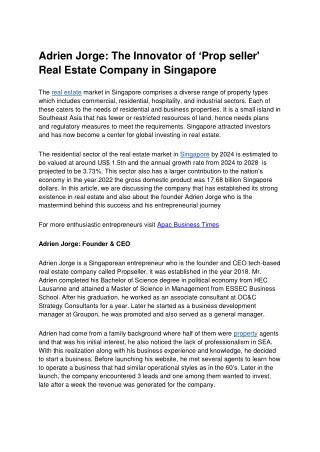 Adrien Jorge The Innovator of  ' Proplseller' Real Estate Company in Singapore