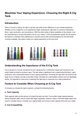 Maximize Your Vaping Experience Choosing the Right E-Cig Tank