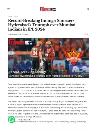 Record-Breaking Innings Sunrisers Hyderabad’s Triumph over Mumbai Indians in IPL 2024