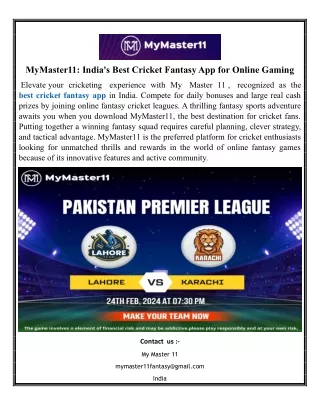 MyMaster11 India's Best Cricket Fantasy App for Online Gaming