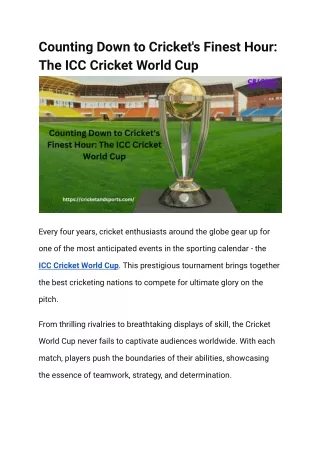 Counting Down to Cricket's Finest Hour The ICC Cricket World Cup