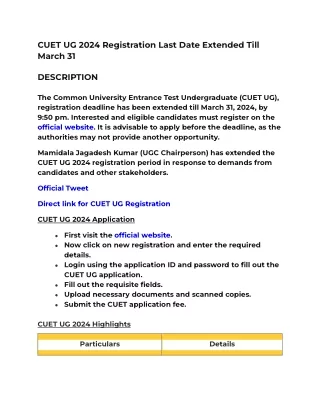 CUET UG 2024 Registration Last Date Extended Till March 31