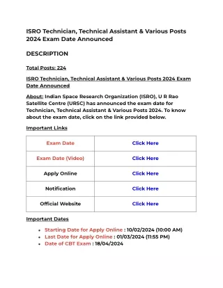 ISRO Technician, Technical Assistant & Various Posts 2024 Exam Date Announced