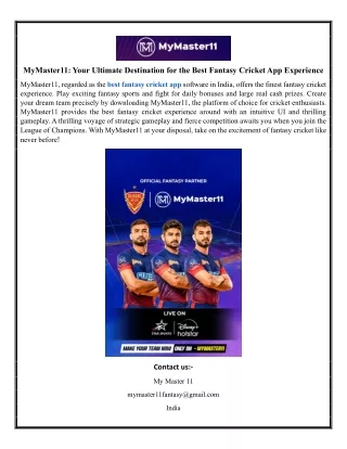 MyMaster11 Your Ultimate Destination for the Best Fantasy Cricket App Experience