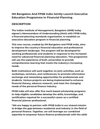 IIM Bangalore And FPSB India Jointly Launch Executive Education Programme In Financial Planning