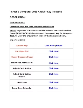 RSMSSB Computor 2023 Answer Key Released