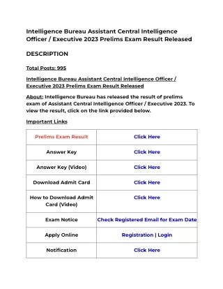 Intelligence Bureau Assistant Central Intelligence Officer Executive 2023 Prelims Exam Result Released